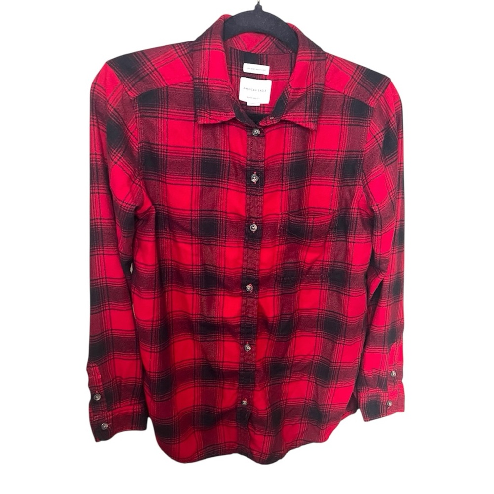 American Eagle Womens S AHH-Mazingly Soft Flannel AE Boyfriend Fit Red Black